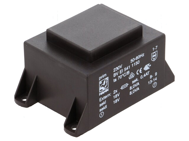Transformator: ingegoten; 16VA; 230VAC; 18V; 18V; 445mA; 445mA; PCB Transformator: ingegoten; 16VA; 230VAC; 18V; 18V; 445mA; 445mA; PCB